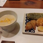 SAKE story - 酒粕を使ったポタージュ？と笹かま、ほやの天ぷら