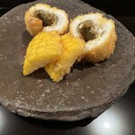 にくの匠 三芳 - 鱧と玉蜀黍の牛脂揚げ