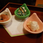 赤坂 きた福 - 前菜3種 土筆とタンポポの白和え 鯛子と鯛の白子 甘海老の塩辛風 2014.3.2x