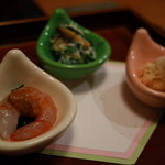 赤坂 きた福 - 前菜3種 土筆とタンポポの白和え 鯛子と鯛の白子 甘海老の塩辛風 2014.3.2x