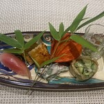 川梅 懐石・鮨 - 八寸。茗荷のお寿司、鱧、タコなど。