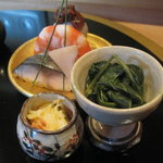 祇園 又吉 - 【八寸】蟹酒盗和え・きずし燻製・海老旨煮・芥子菜煮浸し他
