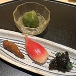 味幸 - インゲンと茄子の黒胡麻和え　茗荷寿司　おこぜの肝　青梅