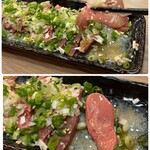 鳥良商店 - ごま油塩で和えてあるのも良きです♪
店員さんに伺うと、
火入れしすぎないギリギリの温度で低温調理しているそうです。