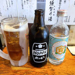 須賀乃湯 - ホッピー瓶（黒） 330円＋金宮焼酎25度（300ml 850円）