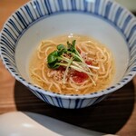 日本料理FUJI - 天城軍鶏、魚のアラの出汁の トマトラーメン。胡麻が良い香りの夏らしいお出汁ラーメン。