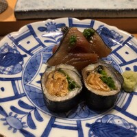 鮨 しゅんぺい - 造り(鰹漬け、鯵磯部巻き)