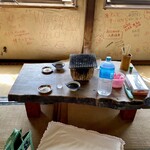野沢屋 - 財宝温泉水のボトルに冷えた水が入って置かれていました。勿論賞味期限は2023年、水道水詰め替えです！しかし、群馬県なので水道水も塩素臭も無くうまい！