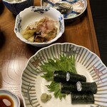 欅苑 - きゅうりの白和え・身欠きにしん・焼きなす・自然薯の海苔巻き