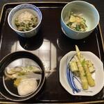 欅苑 - わらびのお浸し・ぬたとみょうがの白味噌和え・若竹の木の芽和え・きのこなどのお吸い物