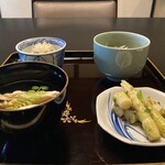 欅苑 - わらびのお浸し・ぬたのみょうが和え・若竹の木の芽和え・お吸い物