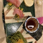 串揚げ タケナカ - からすみのっけの茶そばとトロたく海苔巻