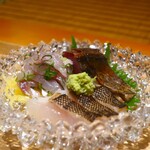 日本料理 幸庵 - アイナメ炙り、鰺、鰹の叩きの盛合せアップ