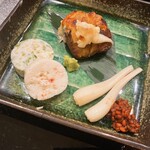 すし おおまさ - 手作り蒲鉾(あおさ、カニ)、どんこ椎茸の肉詰めチーズオーブン焼き、エシャレット