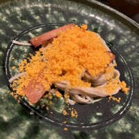 蕎麦割烹 橙 - カラスミ蕎麦。日本では最近の開発なのかなって思うが、よく考えたらボッタルガのパスタは昔からある。蕎麦でも旨いに決まってますね
