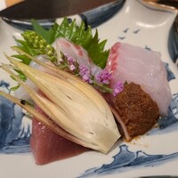 創作Dining SHARI流川 - ②真鯛、勘八、本鮪赤身
                    (薬味:茗荷&紫蘇穂花&大葉&山山葵醤油)
                    真鯛は1日位の浅めの寝かせかな、勘八は多分養殖、本鮪赤身の蕩ける感は今一つ
                    予算制約上、仕方ないがお魚は普通な感じです