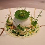 ASAHINA Gastronome - 【前菜】・活帆立貝&キャビア
                                滑らかなムースにし、そのタルタルと共にイルフロッタン仕立て
                                コクのあるバターミルクのソースに浮かべて