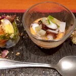 SEASONS - 前菜３種　真ん中のガスパチョの上にシェフの釣ったタコ！