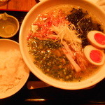 駒沢 ひろの亭 - 2014/3 限定沖縄アーサーラーメン＆味玉子＆半ライス