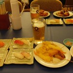 福山ニューキャッスルホテル ビアホール - 生ビール,寿司,串,天ぷら,たたき,甘酢唐揚げ,ピザ他 (2024.07.14)