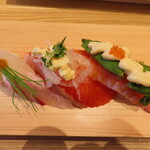 のん太鮨 一丁目一番地 柳井店 - 2024年の｢ヘルシー三貫盛り｣495円