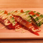 のん太鮨 一丁目一番地 柳井店 - 2024年の｢アボカド三貫盛り｣462円