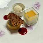 Haze - グルテンフリーアーモンドケーキ、豆乳塩麹アイス、甘酒のムース パッションフルーツのソース