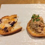 シャテーニュ - アミューズ4種盛り合わせ　鴨のリエット　チーズのモザイク仕立て