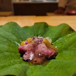 まとい 銀座 - 先付け お肉のポン酢ジュレ 雲丹、ナスなど