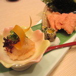 香家 - 赤座海老の塩ユッケ　うずらと韓国海苔添え