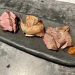味噌坐　玉響 - ジビエ炭焼（左から　イノシシ、ウズラ、エゾシカ）　辛味噌付き