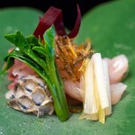 よし町 - 2024.7 山野水産霞ヶ浦産鯉（こい）洗い 行者大蒜醤油 酢味噌