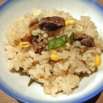 みかみ - 真鴨と神楽南蛮の釜飯（取り分けました）