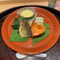 日本料理 研野 - 鮎の一夜干し　鰻の笹寿司　和風コーンスープ　ウドとエンドウの白和え