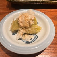 鳥さと 別邸 - 先付け、ナスと鶏ひき肉、鶏の削り節