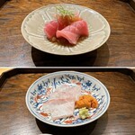 御料理 ふじ田 - 向付①：銚子産石鯛の昆布〆＆長万部産バフンウニ
      
      向付②：塩釜産本まぐろ、辛味大根