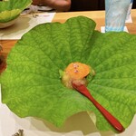 蕎麦割烹  倉田 - 先付け：水茄子含め煮、スナップエンドウ、たたきオクラ、パプリカムース