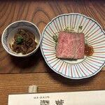 潜龍 - 前菜のローストビーフとお肉の佃煮