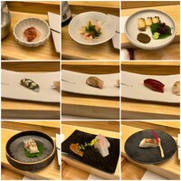 鮨処 凜 - 酒盗と白えび、ずわいがにと海ぶどう、アワビと肝ソース、シンコ、ヒラメ、本マグロ赤身、真鯛松笠揚げ、真鯛と醤油麹ソース、マナガツオ塩焼き