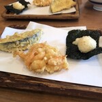 天ぷら 佐久間 - ナス、小エビのかき揚げ、自然薯と海苔