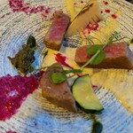 休暇村 紀州加太 - 熊野牛サーロインステーキ
                                　～生姜・ビーツ・大葉の3種ソース～