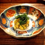 薪鳥新神戸 - とうもろこしのかき揚げ + 薪焼きおかひじき