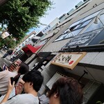 とんかつ目黒こがね - 2列に並びました。2列目は街路樹で少し日陰に