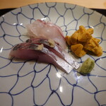 富小路 やま岸 - 淡路由良の雲丹、淡路の鬼鯵、明石の鯛塩〆