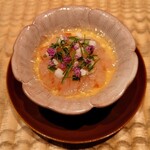 伯雲 - 昆布〆の縞海老と玉蜀黍の冷たい茶碗蒸し