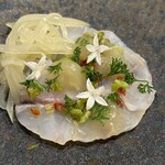 カーサ・デル・チーボ - イシナギ　グリンオリーブ　夕顔　食感やうま味、ドライトマトやハーブの違いが楽しい。美しい皿。