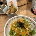 兎 - ○海老チーズ明太子春巻き、、サクサク揚げたてが美味しい　　　　　　　　　　　　　　　　　　　　　　　○野菜サラダ～自家製ドレッシンダで～