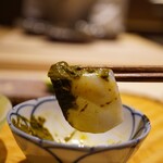 炎水 - 肝のコクと青みが一枚の甘みを旨味へと導き、咀嚼が進むほどに口を染める味は余韻へと繋げる。