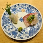 鮨 一二郎 - 平目の芽ネギ巻きとカンパチの造り