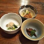 うなぎ 桜家 - 定食の小鉢、肝煮、うざく、青菜煮びたし